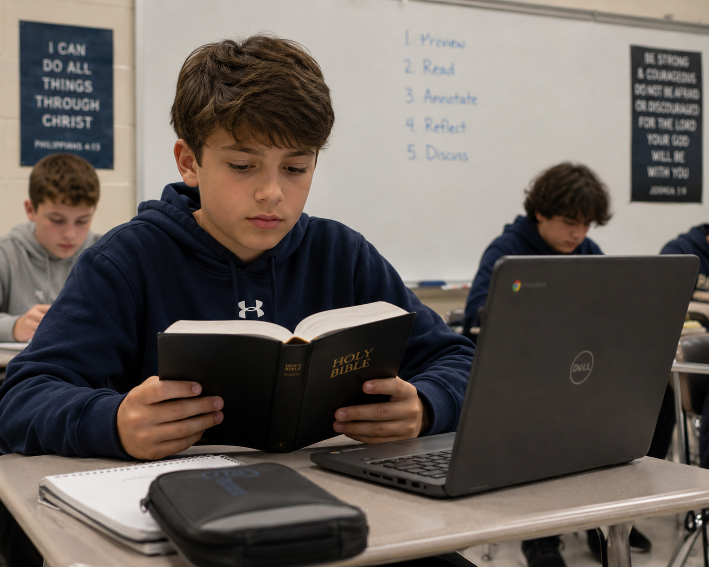 Student learning with laptop and Bible
